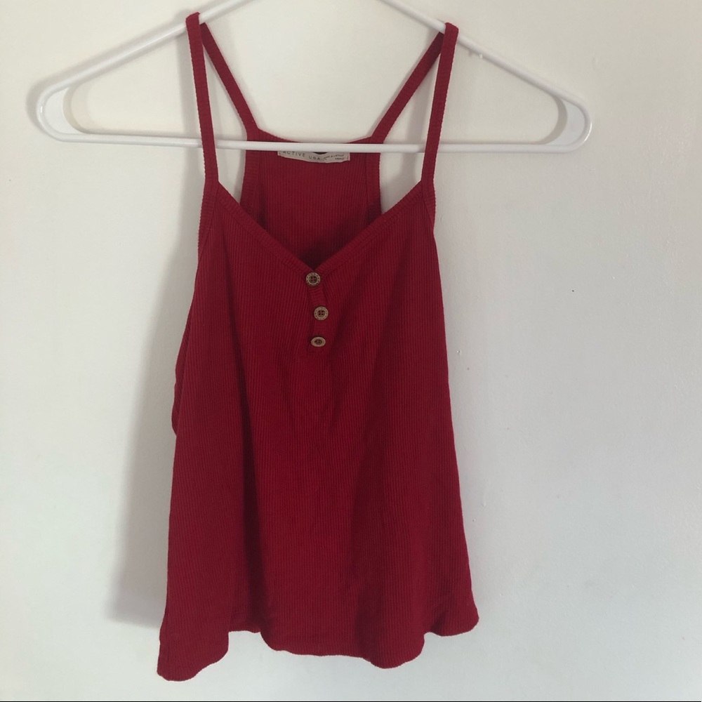 red buttoned tank top